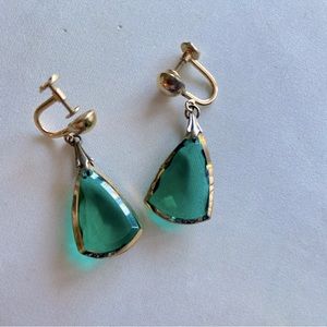 Emerald Green Crystal and Gold Tone Clip-On Earrings